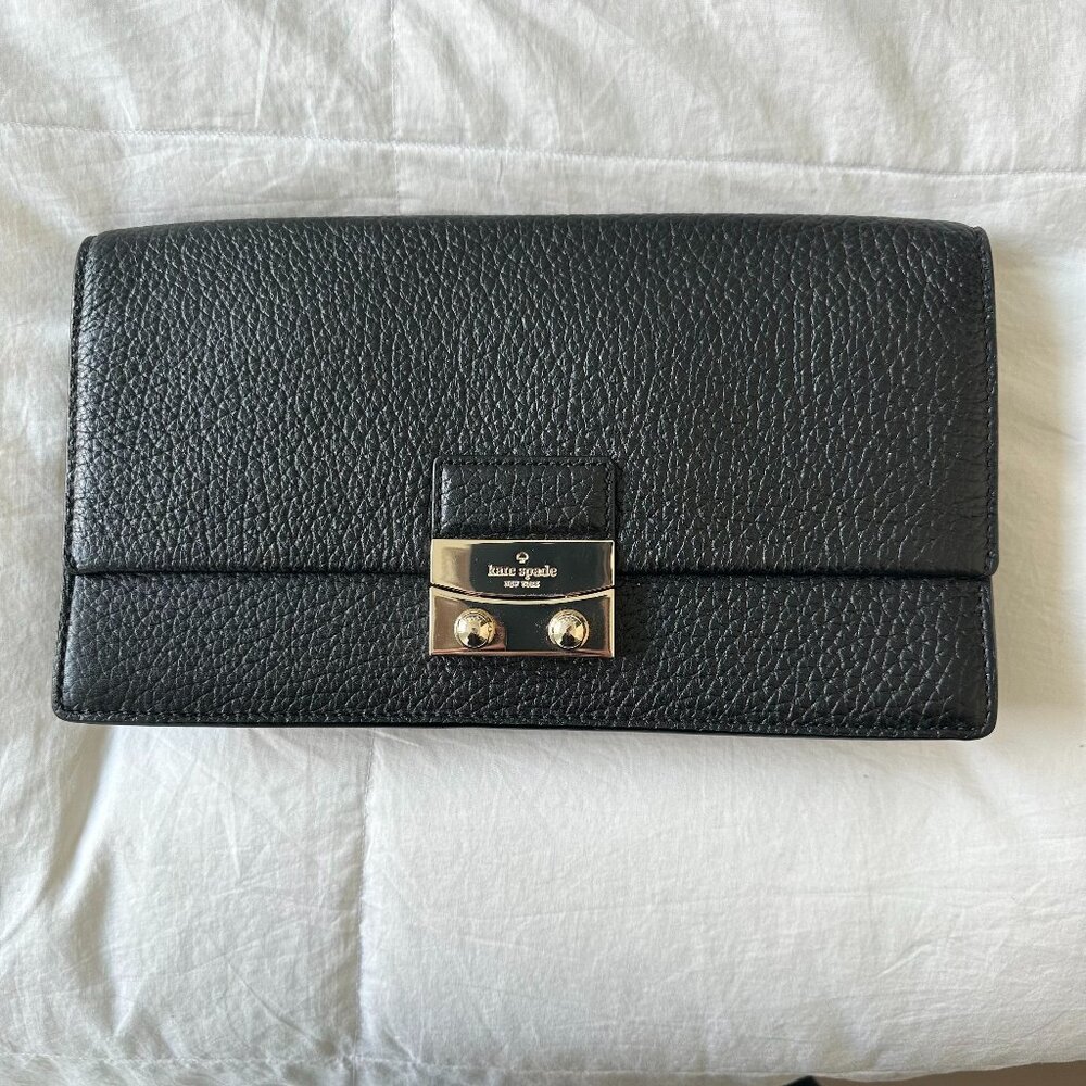 Kate Spade - Black, Pebble Leather Clutch With Embellished Gold Push Lock